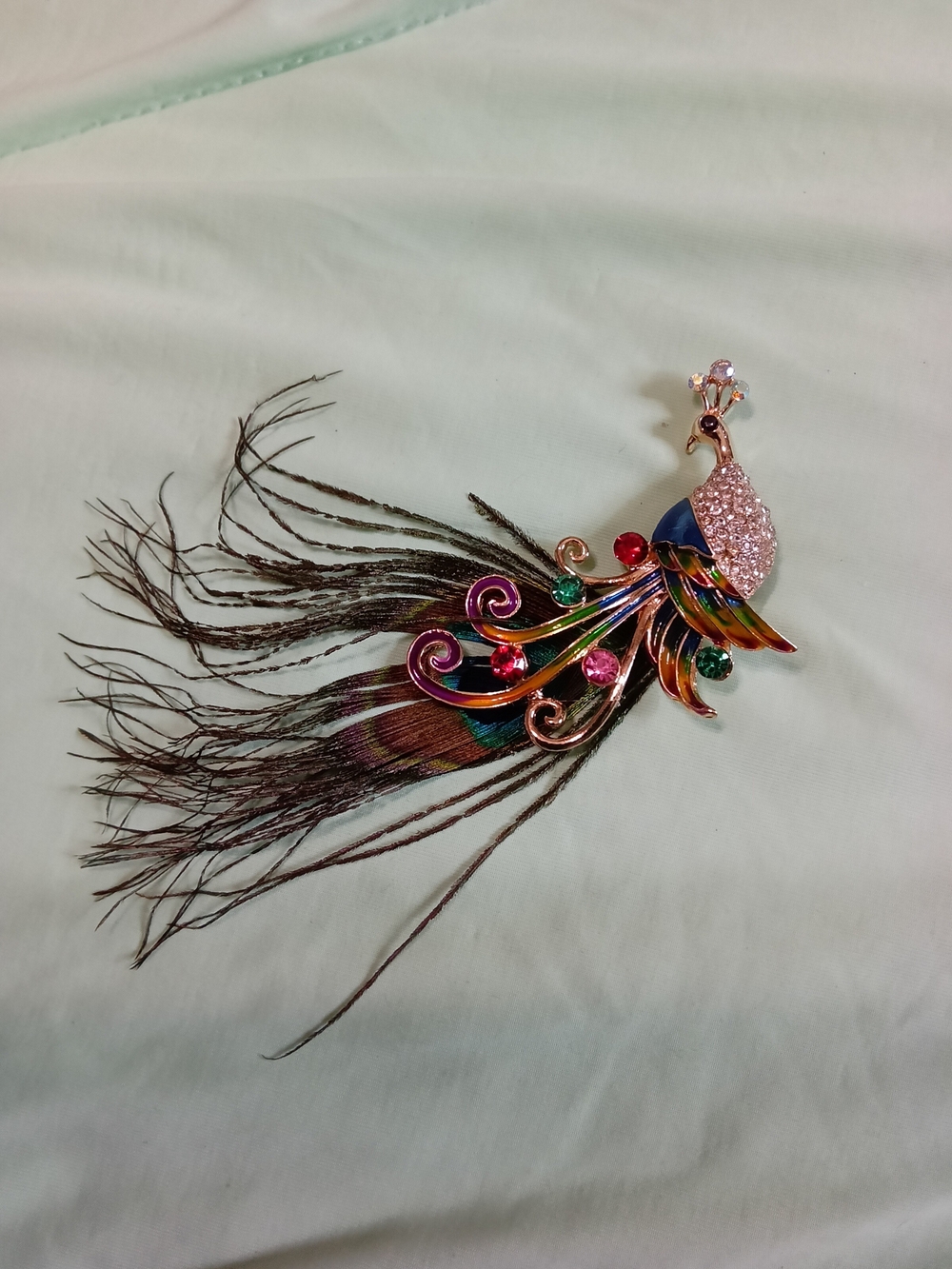 Multicolor Peacock Feather Brooch Pin with Crystal Accents